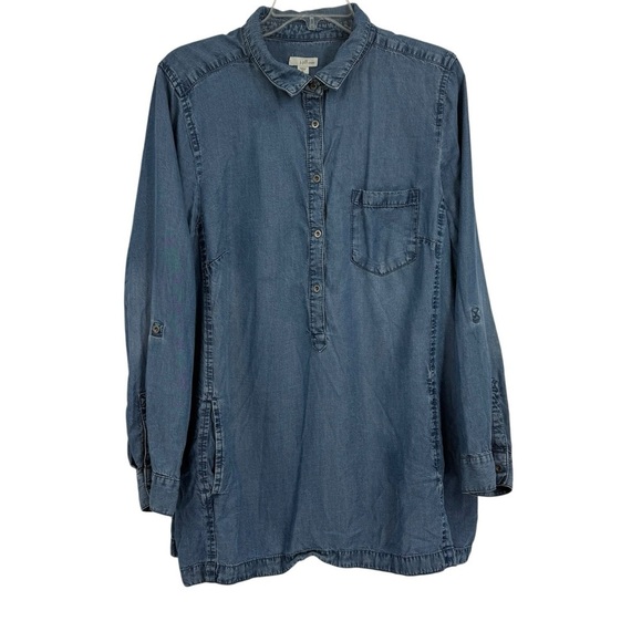 J Jill Womens Denim Chambray Tunic Pockets Size XL Jean Shirt Tunic Collared - Picture 1 of 13